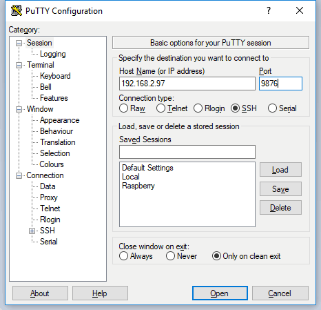 PuTTY SSH connection
